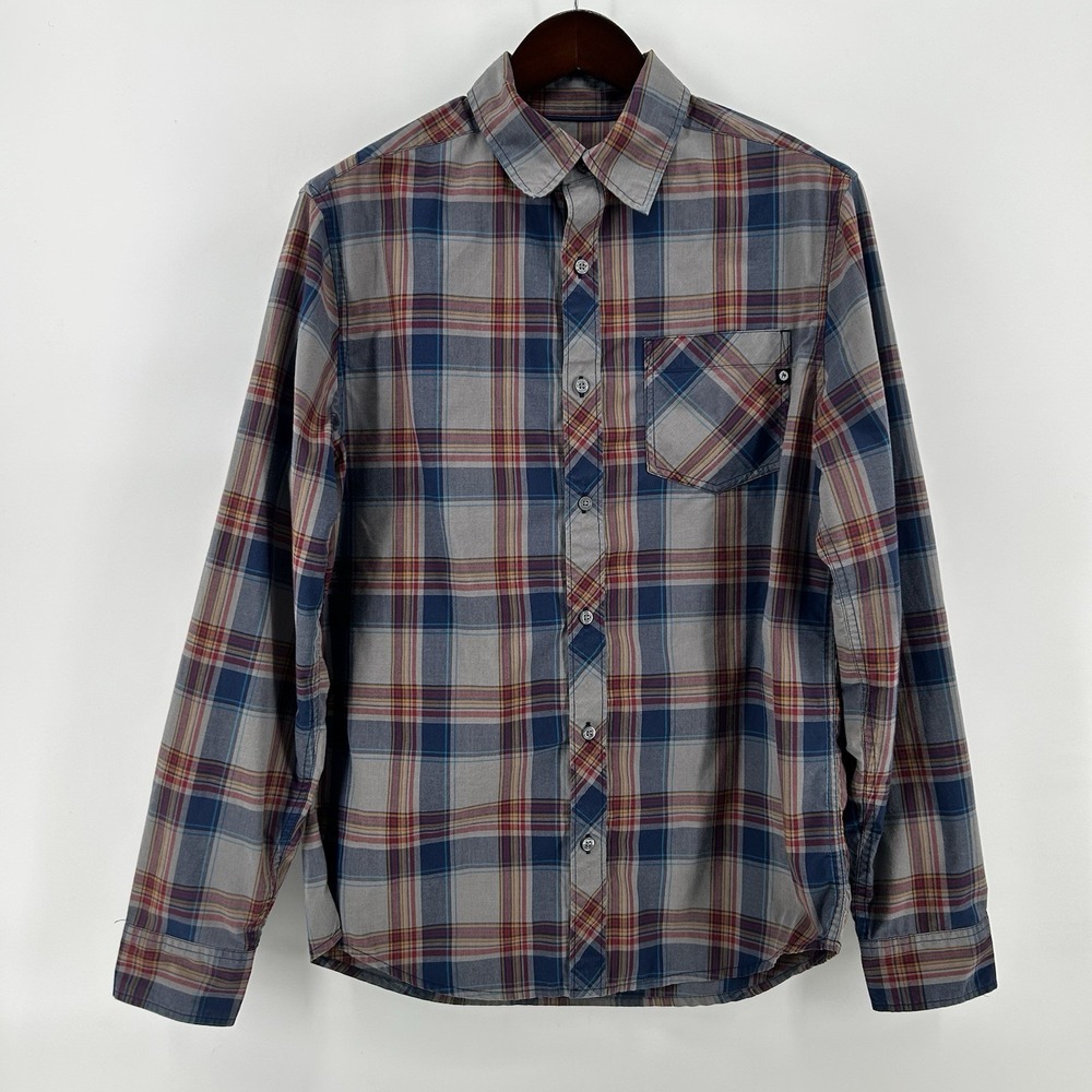 Marmot Plaid Shirt Mens M Gray Blue Long Sleeve Button Up Hiking Woodsman Camp